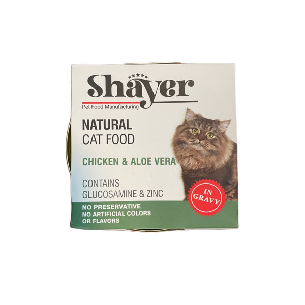 کنسرو غذای گربه با طعم مرغ و آلوئه ورا در سس گوشت شایر وزن 110 گرم _ Shayer Natural Cat Food Chicken & Aloe Vera