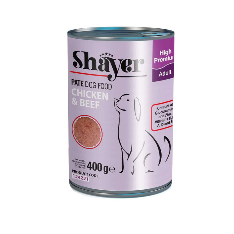 کنسرو سگ شایر مرغ و گوشت گاو پته وزن 400گرم _ Shayer Pate Dog Food Chicken & Beef