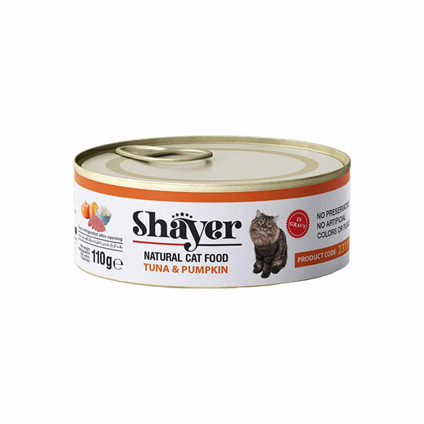 کنسرو غذای گربه شایر با طعم ماهی تن و کدو حلوایی وزن 110 گرم _ Shayer Natural With Tuna & Pumpkin