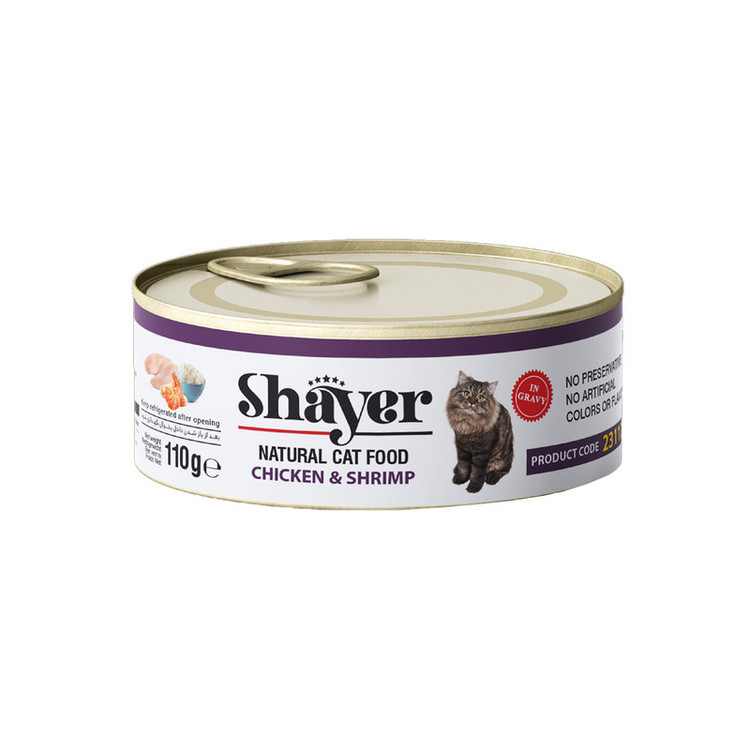کنسرو غذای گربه با طعم مرغ و شاه میگو شایر وزن 110 گرم _ Shayer Natural With Chicken & Shrimp