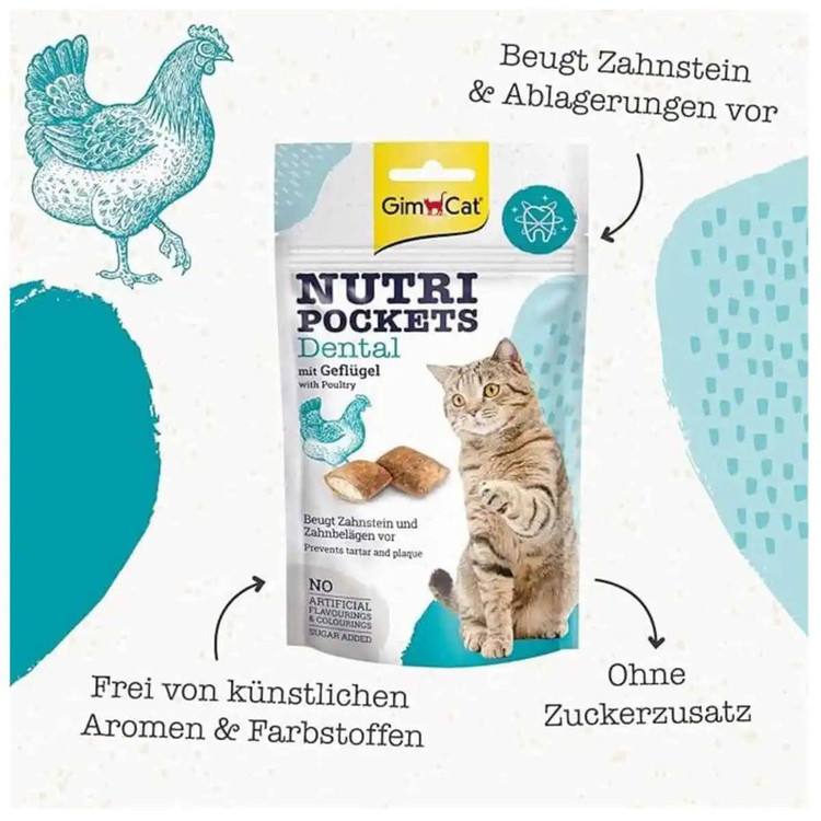 تشویقی گربه نوتری پاکت دنتال جیم کت با طعم مرغ وزن 60 گرم _ GimCat Nutri Pockets Dental