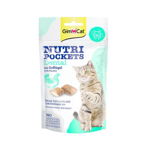 تشویقی گربه نوتری پاکت دنتال جیم کت با طعم مرغ وزن 60 گرم _ GimCat Nutri Pockets Dental