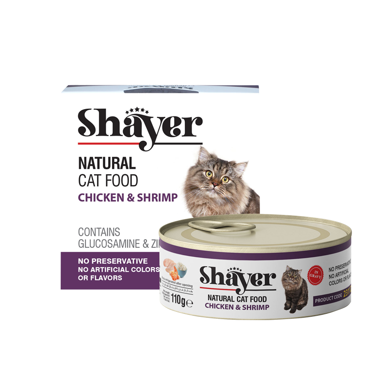 کنسرو غذای گربه با طعم مرغ و شاه میگو شایر وزن 110 گرم