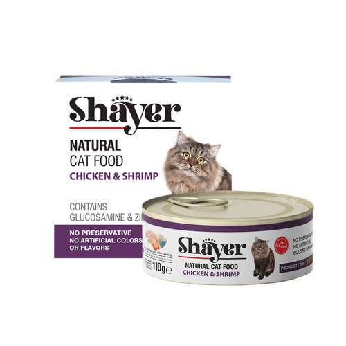 کنسرو غذای گربه با طعم مرغ و شاه میگو شایر وزن 110 گرم