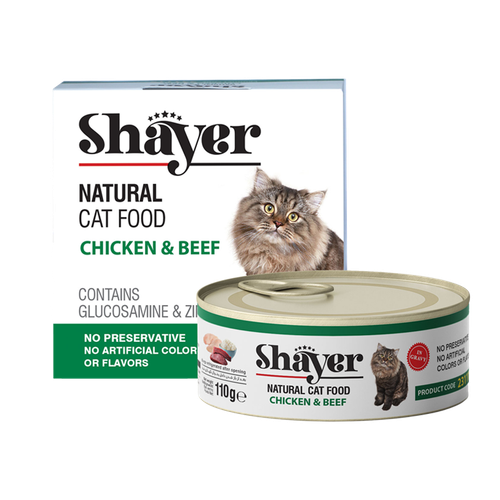 کنسرو غذای گربه با طعم مرغ و گوشت گاو شایر وزن 110 گرم _ Shayer Natural With Chicken & Beef