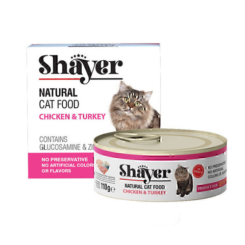 کنسرو غذای گربه با طعم مرغ و بوقلمون شایر وزن 110 گرم _ Shayer Natural With Chicken & Turkey