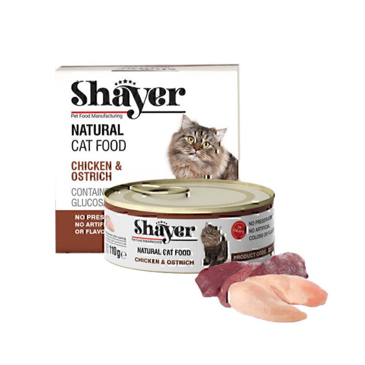 کنسرو غذای گربه با طعم مرغ و شترمرغ در سس گوشت شایر وزن 110 گرم _ Shayer Natural Cat Food Chicken & Ostrich