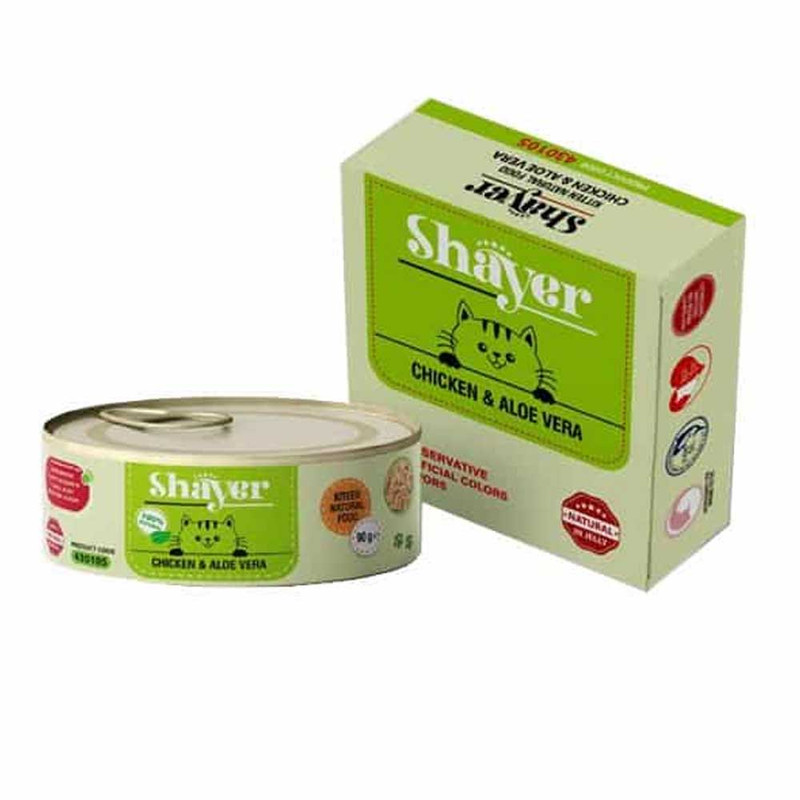 کنسرو غذای بچه گربه با طعم مرغ و آلوئه ورا شایر وزن 90 گرم _ Shayer Natural With Chicken & Aloevera
