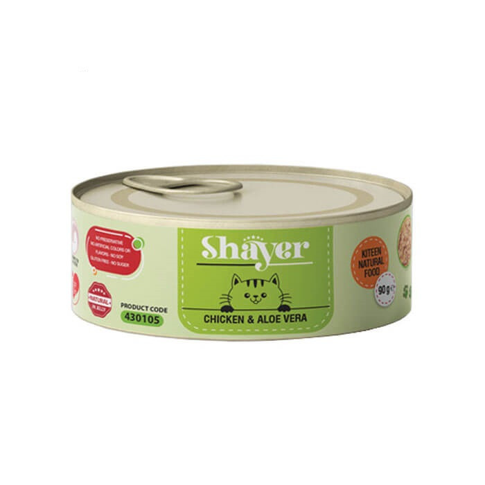 کنسرو غذای بچه گربه با طعم مرغ و آلوئه ورا شایر وزن 90 گرم _ Shayer Natural With Chicken & Aloevera