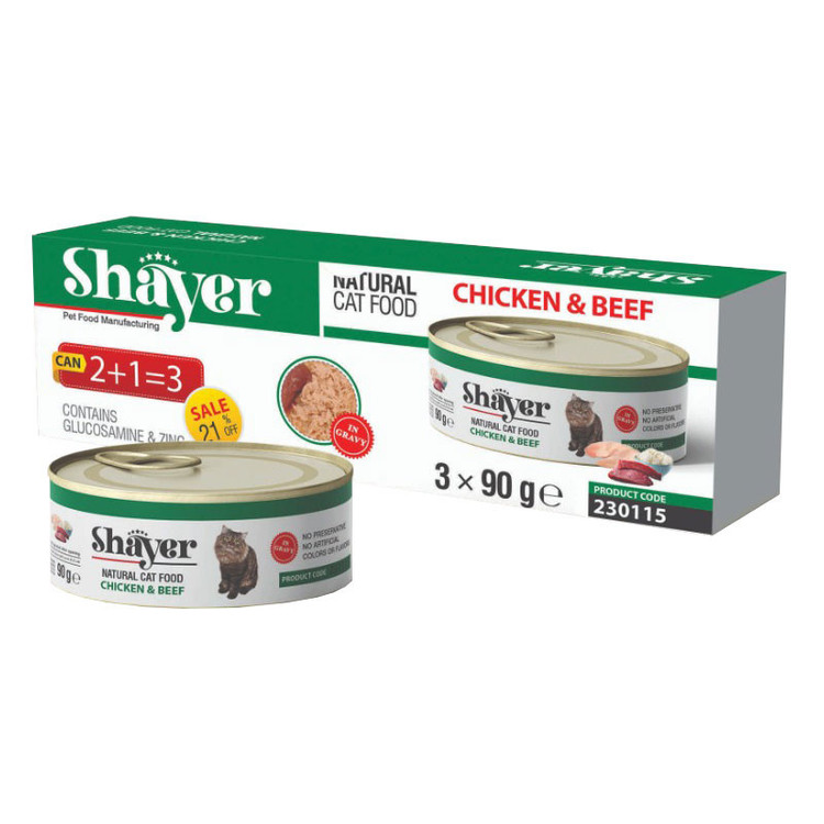 کنسرو غذای گربه با طعم مرغ و گوشت شایر بسته 3 عددی _ Shayer Natural With Chicken & Beef