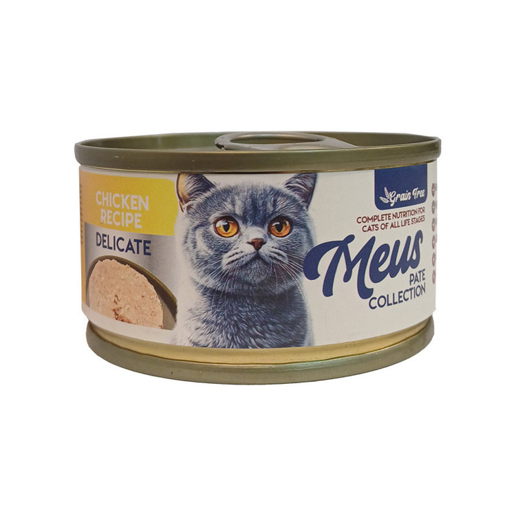 کنسرو غذای گربه مئوس مناسب پوست و گوارش حساس وزن 80 گرم _ Meus Delicate Chicken Recipe