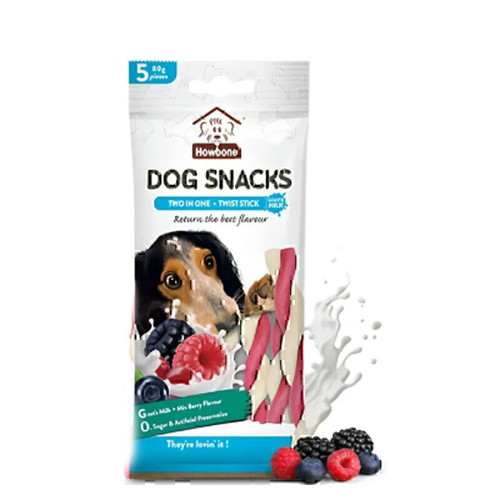 اسنک تشویقی پیچی سگ هابون با طعم بری و شیر بُز بسته 5 عددی _ Howbone Dog Twist Snacks With Berry And Goat's Milk