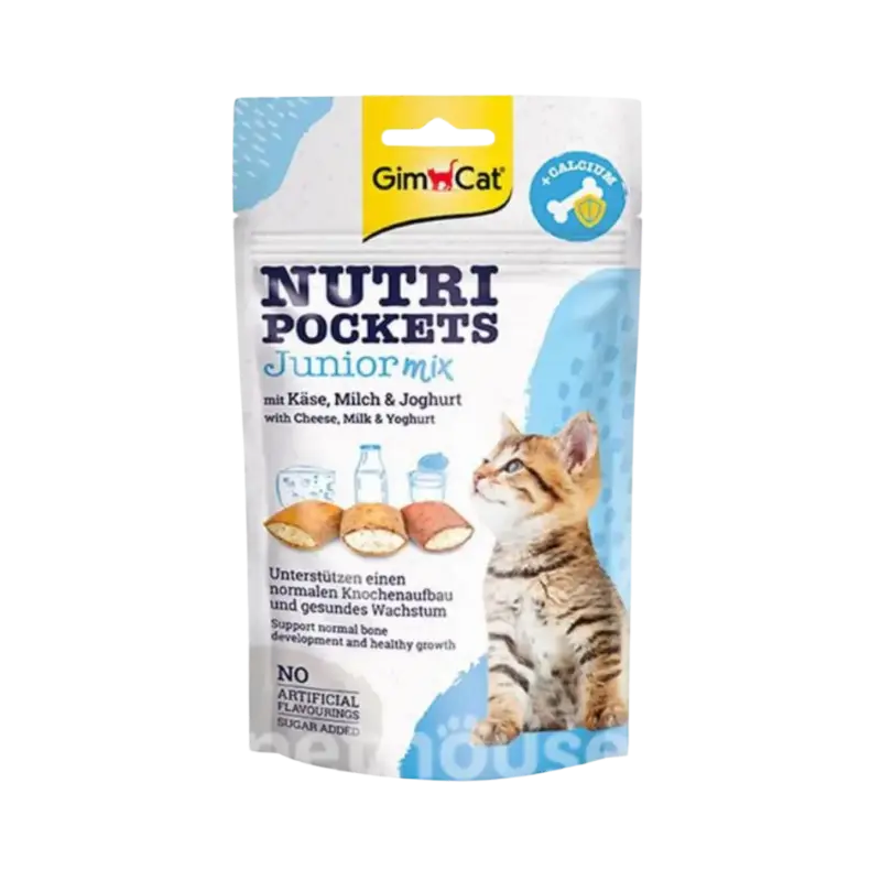 تشویقی بچه گربه طعم شیر ماست پنیر جیم کت وزن 60 گرم _ GimCat Nutri Pockets Junior Mix
