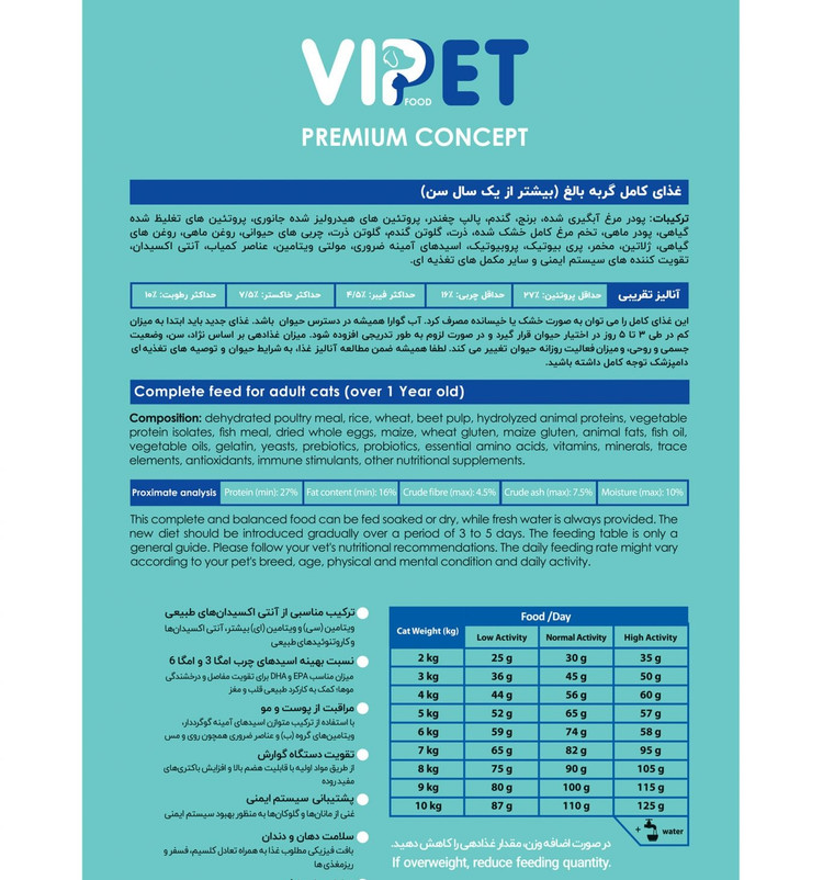 غذای خشک گربه بالغ وی پت با طعم مرغ وزن ۱ کیلوگرم _ ViPet cat dry food chicken taste (زیپ کیپ)