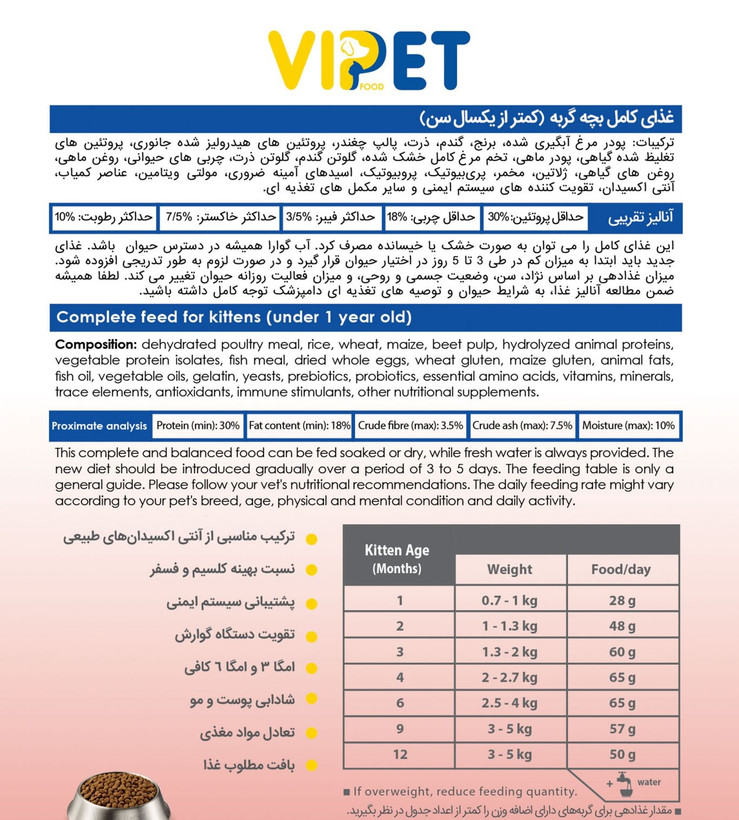 غذای خشک بچه گربه وی پت با طعم مرغ وزن 1 کیلوگرم _ ViPet cat dry food chicken taste (زیپ کیپ)