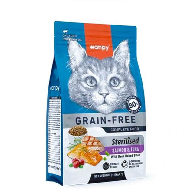 غذای خشک گربه عقیم ونپی طعم ماهی سالمون و تن حاوی دانه تشویقی وزن 1 کیلوگرم _ Wanpy Cat Food Sterilised