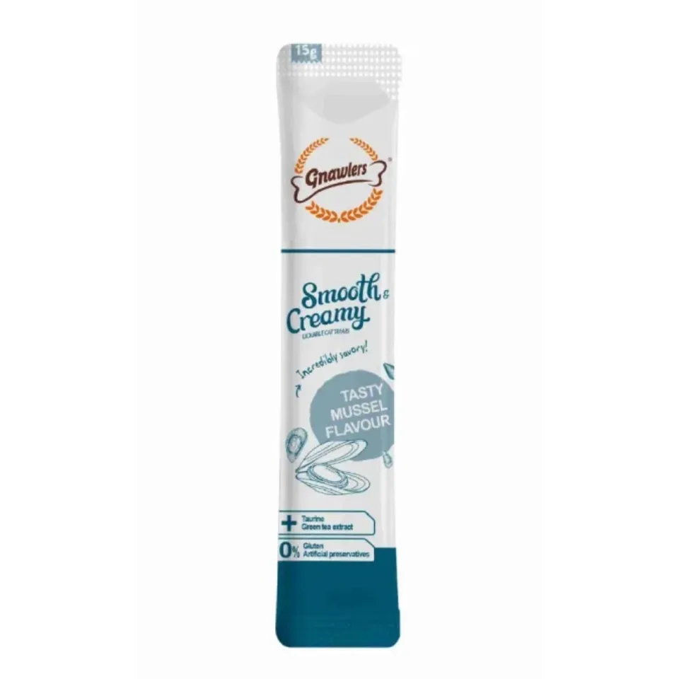 بستنی گربه گنالرز صدف آبی و تورین _ Gnawlers Smooth & Creamy Lickable Cat Treat Mussel Flavour15g